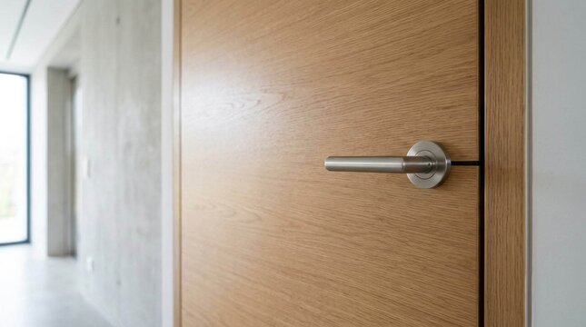 Modern interior wooden door with metallic handle in a bright hallway.