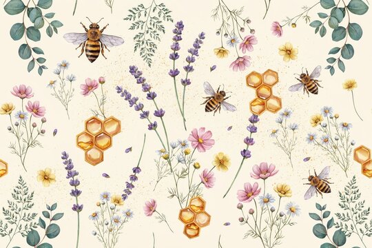 Seamless pattern with honey bees, honeycomb, lavender, wildflowers, and eucalyptus leaves on a light beige background, in watercolor style