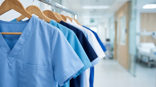 Medical Scrubs Uniforms Hanging On Racks In Hospital Clinic Or Healthcare Professional Staff Room