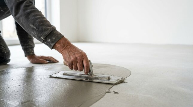 Worker spreading self-leveling cement compound on floor with trowel.