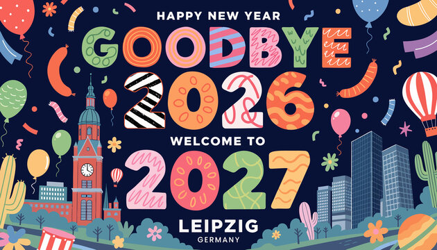 Happy New Year 2027 Welcome Leipzig Germany Goodbye 2026 Celebration Fireworks Balloons Cityscape