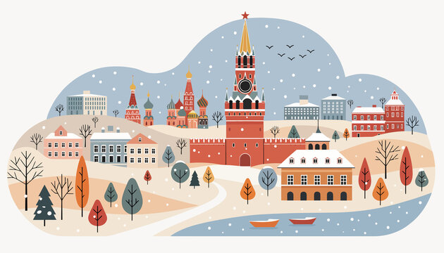 Moscow Kremlin winter illustration, flat design, snow falling on red square, cityscape, festive atmosphere, Christmas season