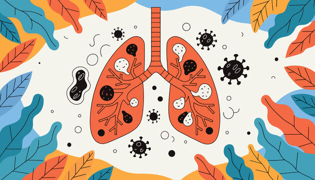 Abstract illustration of human lungs infected with virus particles, surrounded by colorful foliage, medical concept