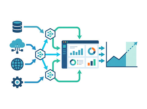 Data integration and business intelligence workflow diagram showing information pipeline from database and cloud sources to analytics dashboard and growth chart