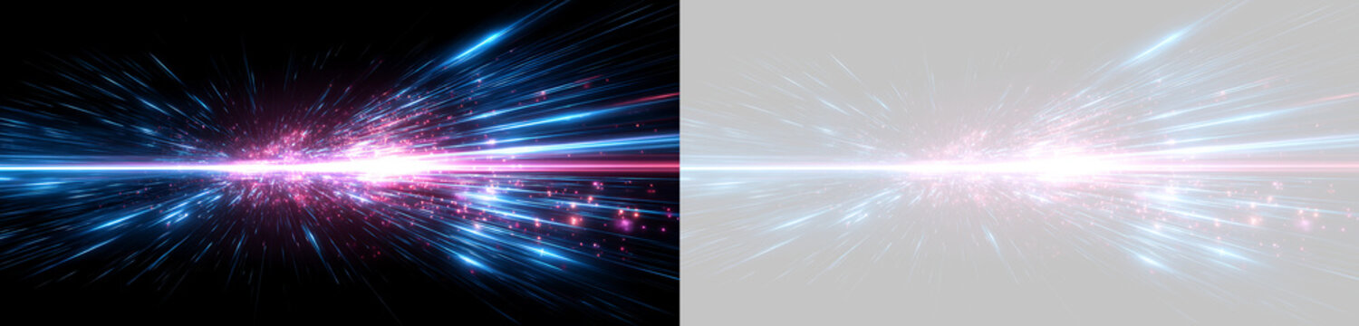 Horizontal light burst effect on black and transparent background. Futuristic hyperdrive energy beam and glowing streaks. Abstract speed of light graphic