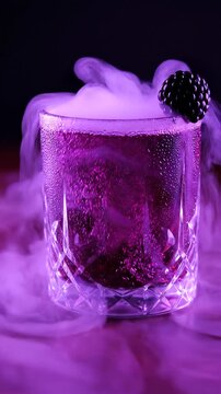 Dark Purple Halloween Cocktail In A Crystal Glass With Dry Ice