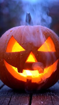 Glowing Jack O Lantern With Creepy Carved Face On Dark Rustic Wood