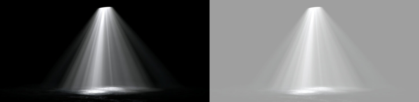 Wide white spotlight beam on black and transparent background. Broad stage light projection overlay. Volumetric light ray design element