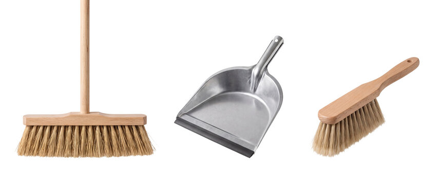 Set of broom dustpan and dust brush transparent PNG cleaning bundle