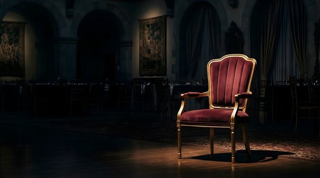 Elegant velvet armchair in a dimly lit classic banquet hall interior