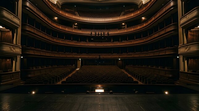 Empty opera house auditorium with tiered seating viewed from the stage