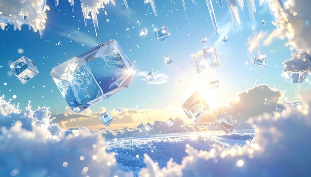 Exploding ice cubes and water splash in blue sky.
