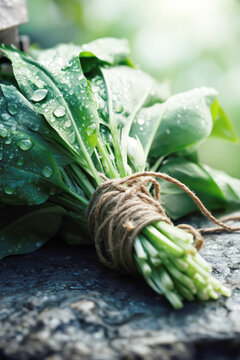 Fresh Wild Garlic Leaves with Water Drops on Stone. AI generative.
