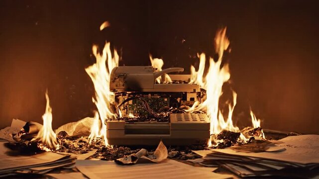 Vintage office fax machine burning with intense flames and scattered paper documents