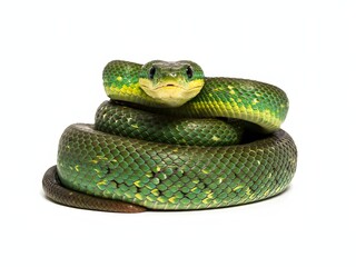 Fototapeta premium Green tree python coiled on white background showcasing vibrant emerald scales and natural reptile beauty