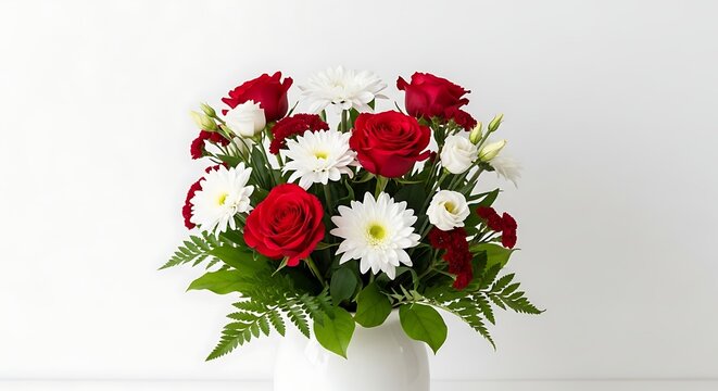 Vibrant Red Rose Bouquet with White Daisies in a White Vase.