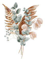 Watercolor botanical bouquet featuring eucalyptus, dried palm leaf, brown fern, lunaria, and delicate white flowers. Earthy boho dried foliage isolated on a white background © Ольга Примачек