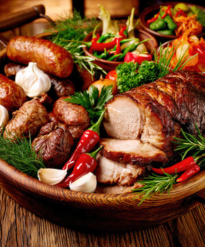 Rustic Smoked Pork Loin on Traditional Farm Table &ndash; AI Generative