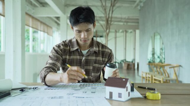 Architect working on building blueprints with a compass and laptop at a modern workspace, surrounded by rolled plans, measuring tools and color samples.