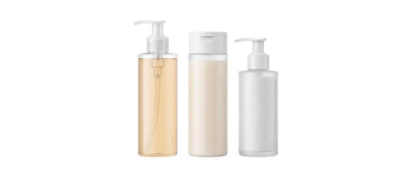 Set of shampoo conditioner and body lotion bottles transparent PNG beauty bundle