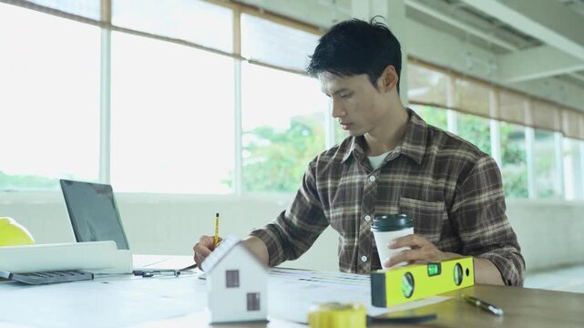 Architect working on building blueprints with a compass and laptop at a modern workspace, surrounded by rolled plans, measuring tools and color samples.