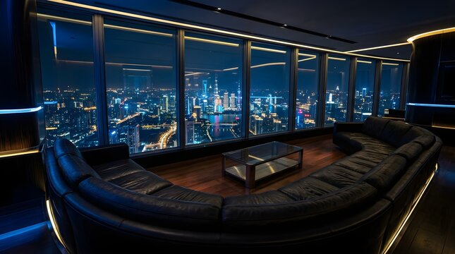 Modern luxury penthouse lounge with Shanghai city night skyline view