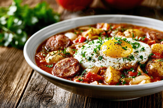 Rustic Potato Sausage Stew with Fried Egg &ndash; AI Generative