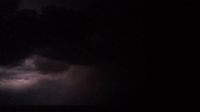 supercell, thunder lightning storm and heavy rain in night striking bolts in monsoon
