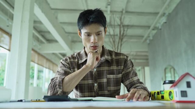 Architect working on building blueprints with a compass and laptop at a modern workspace, surrounded by rolled plans, measuring tools and color samples.