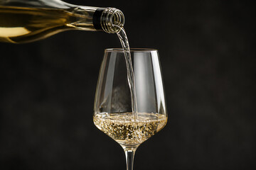 Obraz premium A stream of golden liquid is being poured from a bottle into a wine glass against a dark background.