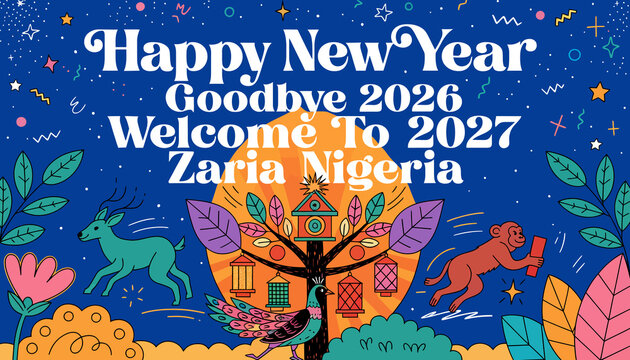 Happy New Year 2027 Zaria Nigeria - Festive Celebration with Animals and Stars