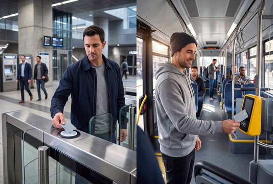 Modern public transportation concept showing contactless card payment at a transit gate and bus validator, illustrating NFC technology, smart mobility and cashless travel.