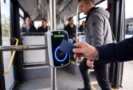 Close up of a passenger using a contactless card on a modern bus payment terminal, illustrating NFC ticketing, digital transportation and cashless public transit.