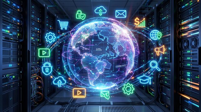 Concept of network globe surrounded with online services icons front of data servers