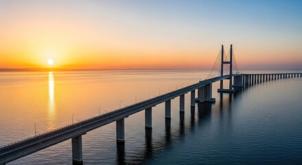 Fototapeta premium A wide aerial perspective of a long concrete bridge spanning across the calm sea while the bright morning sun rises on the distant horizon, road, path, water