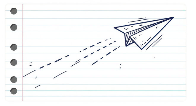Hand drawn paper airplane soaring with dashed lines on lined notebook paper during daytime Isolated on transparent background