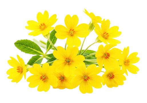 Cluster of bright yellow primrose flowers with green leaves isolated on a transparent background for spring and garden decoration.