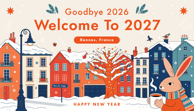 Happy New Year 2027! Charming Winter Scene with Rabbit in Rennes, France