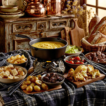 Traditional Swiss Cheese Fondue with Rustic Dipping Ingredients &ndash; AI Generative