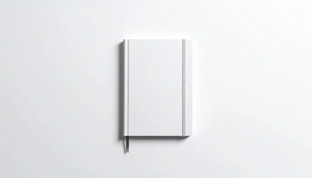 Blank white notebook with bookmark on surface.
