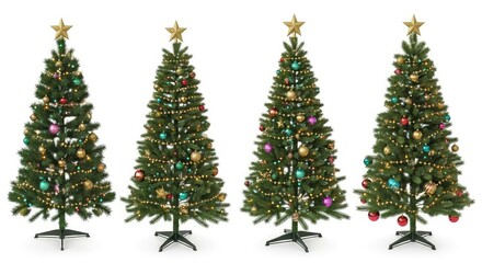 Fototapeta premium Four distinct evergreen Christmas trees decorated with colorful baubles, sparkling lights, and golden stars, neatly isolated on a white backdrop, luxury, greeting, december