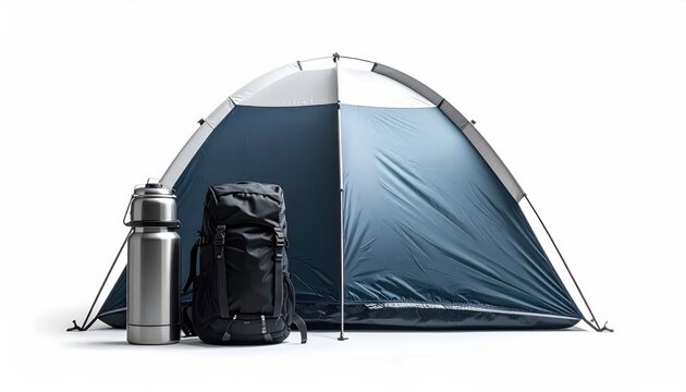 Blue camping tent with backpack and thermos isolated.
