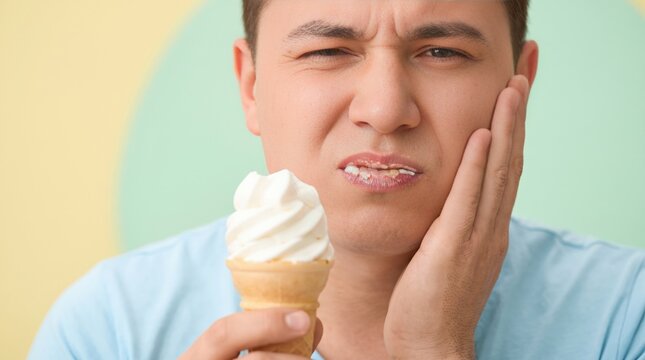 Man experiencing sharp tooth pain from cold ice cream, touching his cheek in discomfort