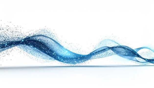 Blue particle wave flow on white background.