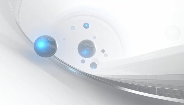 Blue spheres on white abstract curved futuristic track.