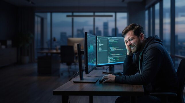 Frustrated programmer in dark office at night, suffering from headache and eye strain while coding