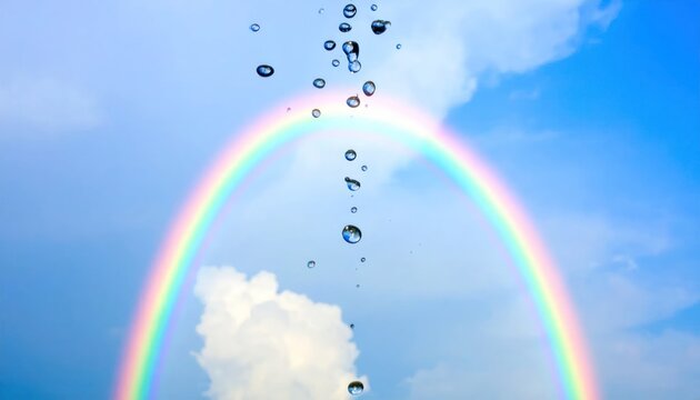 Bright rainbow arching through blue sky with water droplets