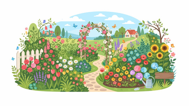 Vector Illustration of a Beautiful Spring Flower Garden with Stone Pathway, Roses, and Country House