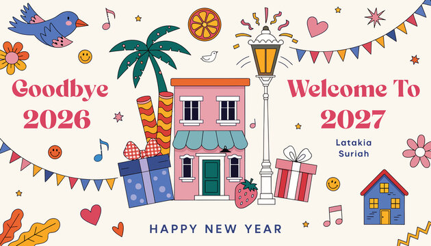 Happy New Year 2027! Goodbye 2026 with Colorful Decorations, Gifts, and Buildings