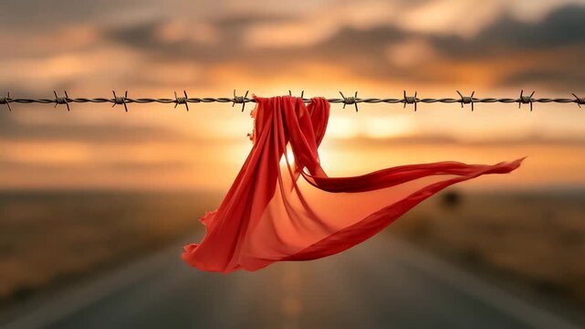 Torn Fabric Caught on Barbed Wire Fence